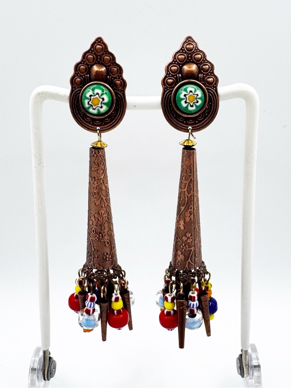 Vintage Millefiori Murano Glass Bead Copper Repousse Dangle Chandelier Earrings